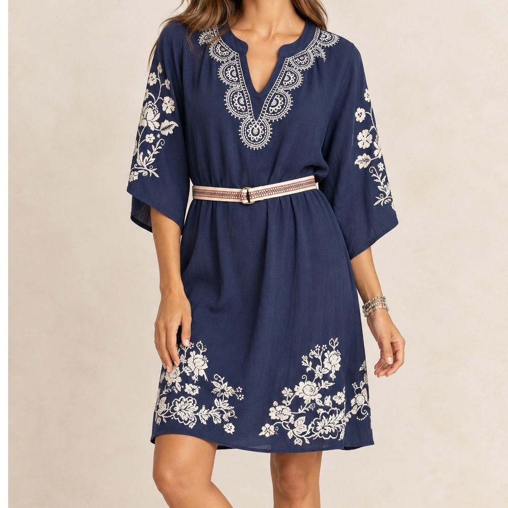 JW Los Angeles Johnny Was Blue Embroidered Cotton Boho Shift Dress Small